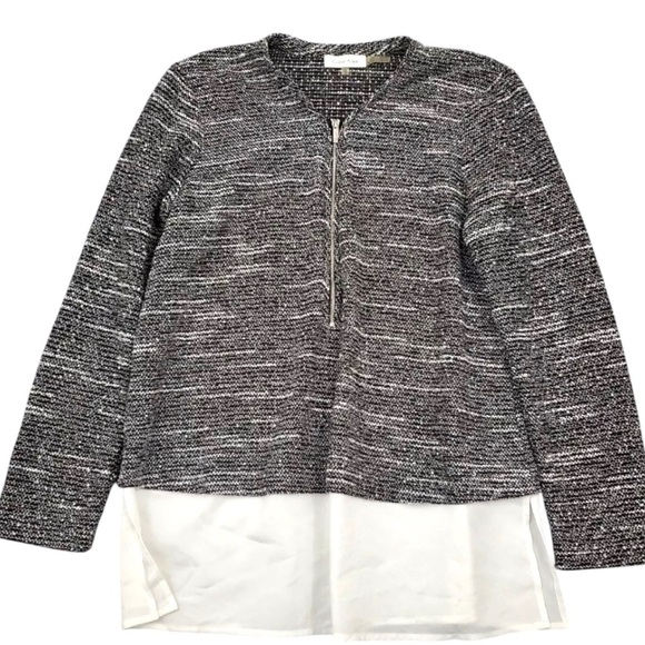 Calvin Klein Black White Tunic Top Logo Zipper Silver Accent Tiered Layer Sz 0X - Picture 15 of 15